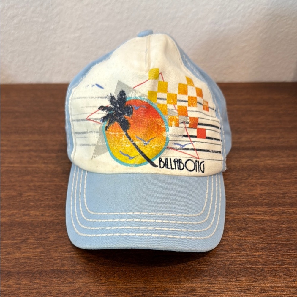 Vintage Billabong Blue and Cream Trucker Hat with Beach Design
